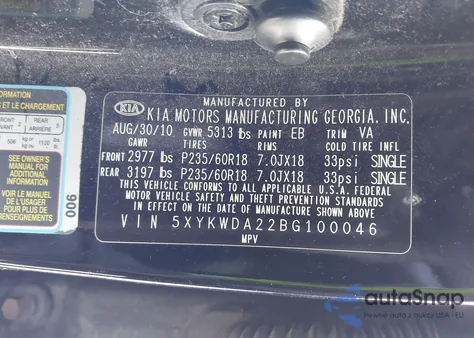 2011 Kia Sorento Sx V6 z USA, uszkodzony, nr VIN 5XYKWDA22BG100046